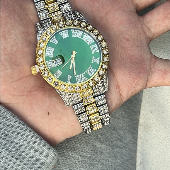 Diamonds Gold and Silver Watch with Green Dial